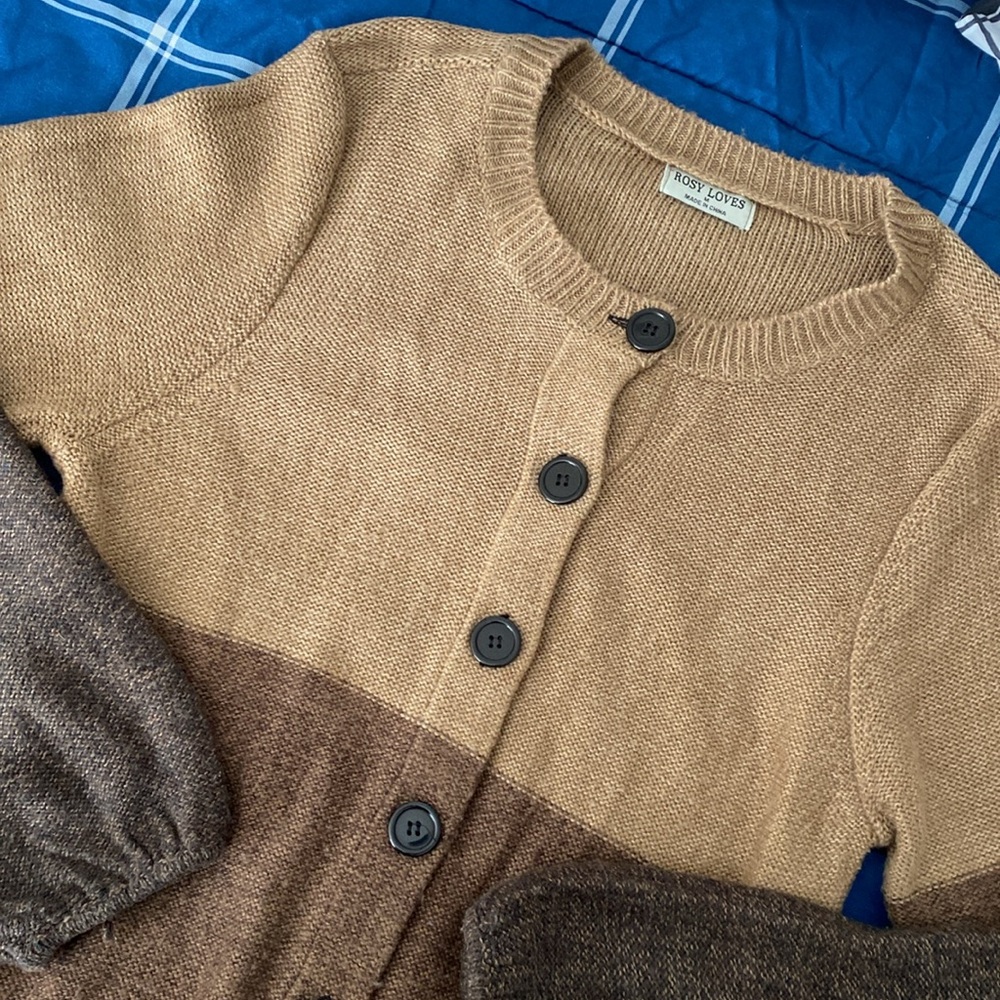 Vintage Colorblock Brown and Tan Sweater Button Down Cardigan - Picture 3 of 17